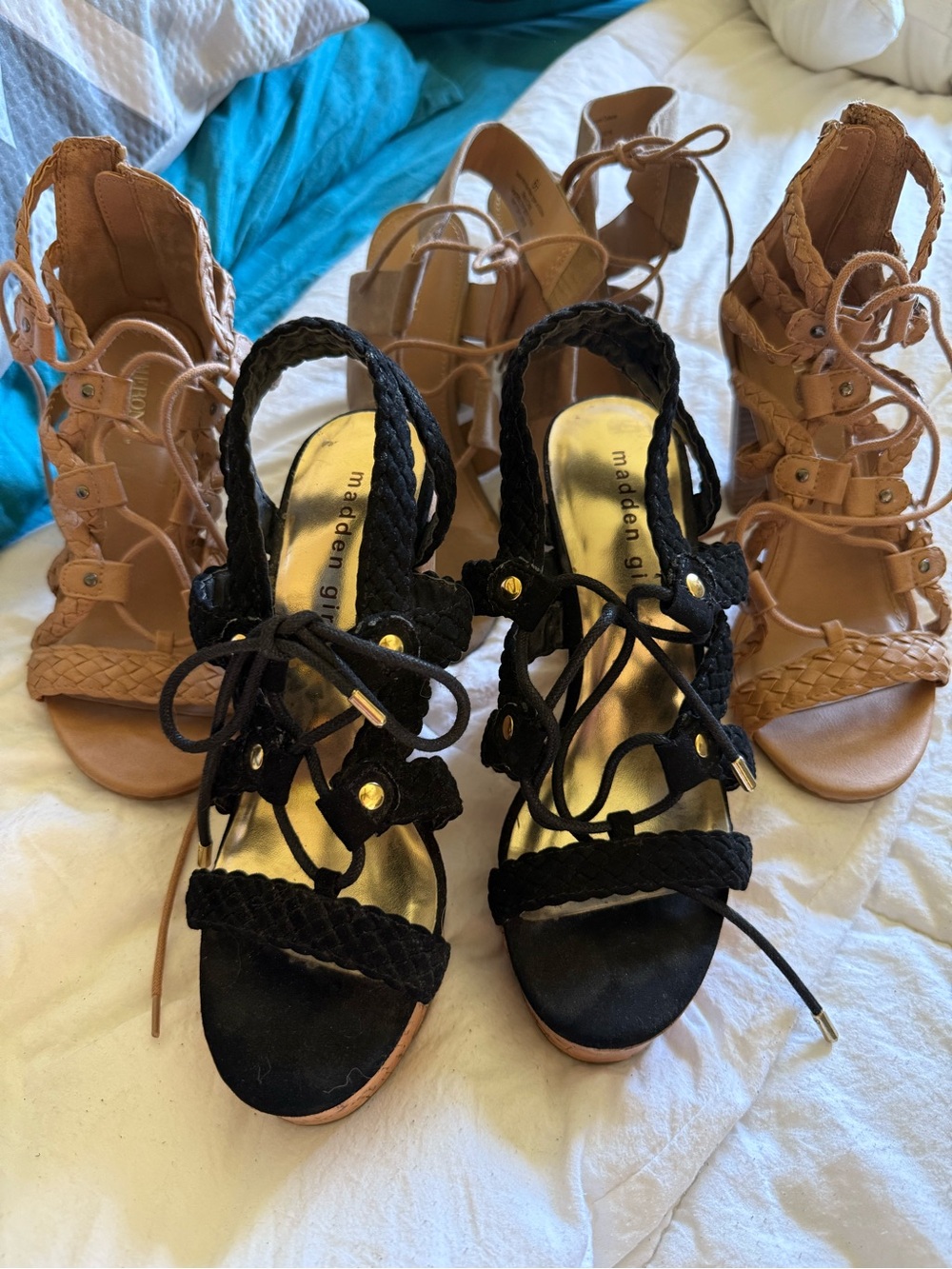 Madden Girl Black Braided Lace-Up Heels with Gold Accents bundle